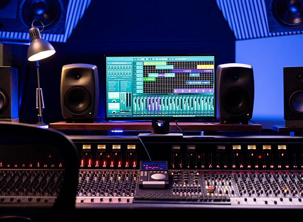 A professional recording studio control room featuring a large mixing console, studio monitors, and a computer screen showing audio software.