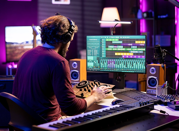 An audio producer wearing headphones and adjusting a DJ controller while working on music software in a studio.