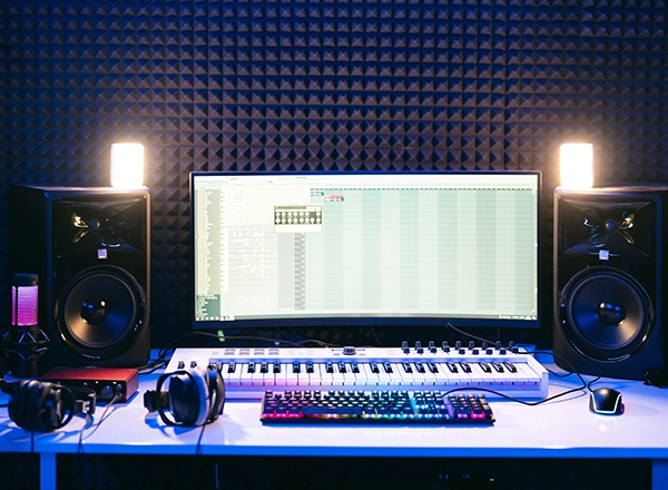 A modern home recording studio setup featuring a wide computer monitor displaying audio software, flanked by studio monitors with ambient lighting.